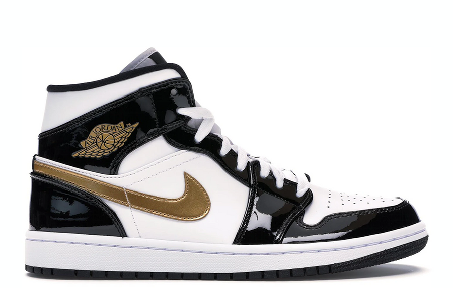 Jordan 1 Mid Patent Black White Gold